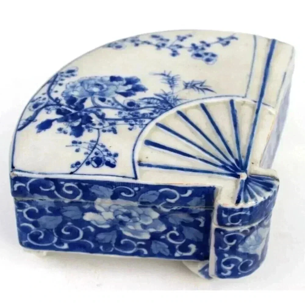 Vintage Antique Porcelain Asian Japanese Asahi Fan Trinket Footed Jewelry Box